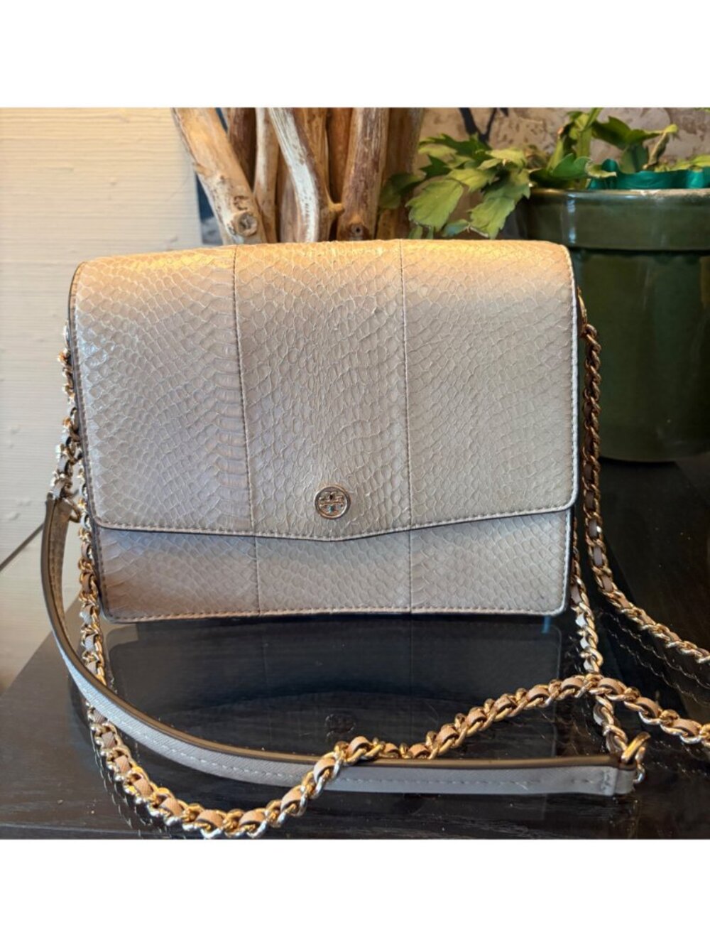 Tory Burch Robinson Convertible Crossbody Exotic Shoulder Light Taupe Handbag